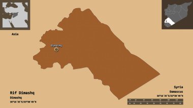 Suriye ili ve başkenti Rif Dimashq 'ın şeklidir. Uzaklık ölçeği, ön gösterimler ve etiketler. Desenli dokuların bileşimi. 3B görüntüleme