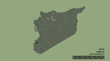 Desaturated shape of Syria with its capital, main regional division and the separated Tartus area. Labels. Colored elevation map. 3D rendering clipart