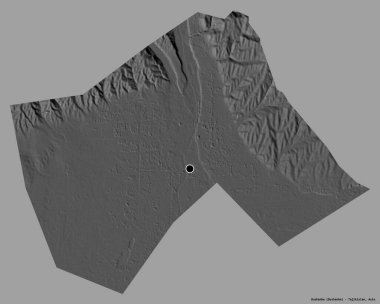 Tacikistan 'ın başkenti Dushanbe' nin şekli, koyu renk arka planda izole edilmiş. Çift seviyeli yükseklik haritası. 3B görüntüleme