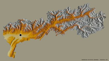 Tacikistan Bölgesi 'nin Tadzhikistan Bölgesi' nin şekli, başkenti katı bir renk arkaplanı ile izole edilmiş. Topografik yardım haritası. 3B görüntüleme