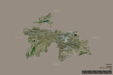 Tacikistan bölgesi, jeoreferatlı bir sınır kutusunda sağlam bir arka planda izole edilmiş. Ana bölgesel bölüm, mesafe ölçeği, etiketler. Uydu görüntüleri. 3B görüntüleme