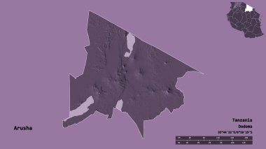 Arusha 'nın şekli, Tanzanya bölgesi, başkenti katı bir zemin üzerinde izole edilmiş. Uzaklık ölçeği, bölge önizlemesi ve etiketleri. Renkli yükseklik haritası. 3B görüntüleme