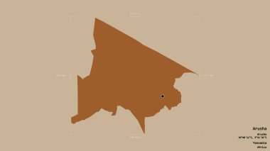 Arusha bölgesi, Tanzanya bölgesi, katı bir arka planda izole edilmiş bir sınır kutusunda. Etiketler. Desenli dokuların bileşimi. 3B görüntüleme