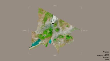 Arusha bölgesi, Tanzanya bölgesi, katı bir arka planda izole edilmiş bir sınır kutusunda. Etiketler. Uydu görüntüleri. 3B görüntüleme