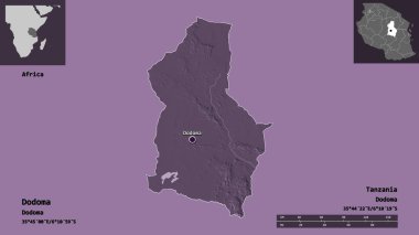 Dodoma 'nın şekli, Tanzanya bölgesi ve başkenti. Uzaklık ölçeği, ön gösterimler ve etiketler. Renkli yükseklik haritası. 3B görüntüleme