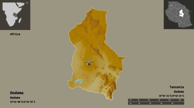 Dodoma 'nın şekli, Tanzanya bölgesi ve başkenti. Uzaklık ölçeği, ön gösterimler ve etiketler. Topografik yardım haritası. 3B görüntüleme