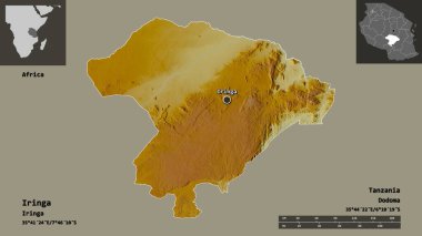 Iringa 'nın şekli, Tanzanya bölgesi ve başkenti. Uzaklık ölçeği, ön gösterimler ve etiketler. Topografik yardım haritası. 3B görüntüleme