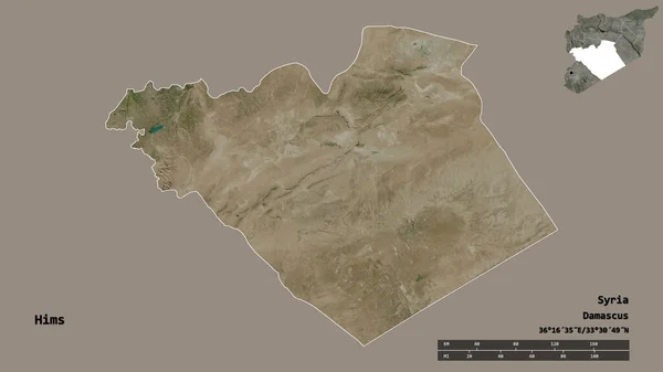叙利亚省希姆斯的形状 其首都在坚实的背景下与世隔绝 距离尺度 区域预览和标签 卫星图像 3D渲染 — 图库照片