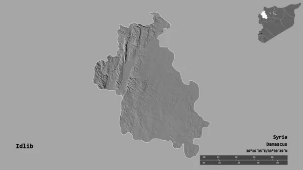 シリアの州であるIdlibの形は その資本がしっかりとした背景に隔離されています 距離スケール リージョンプレビュー およびラベル 標高マップ 3Dレンダリング — ストック写真