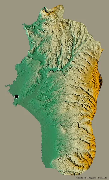 その首都とラタキア シリアの州の形状は 固体色の背景に隔離されました 地形図 3Dレンダリング — ストック写真