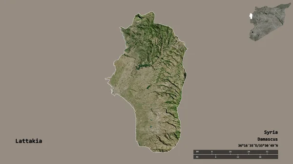 その首都とラタキア シリアの州の形状は しっかりとした背景に隔離されています 距離スケール リージョンプレビュー およびラベル 衛星画像 3Dレンダリング — ストック写真