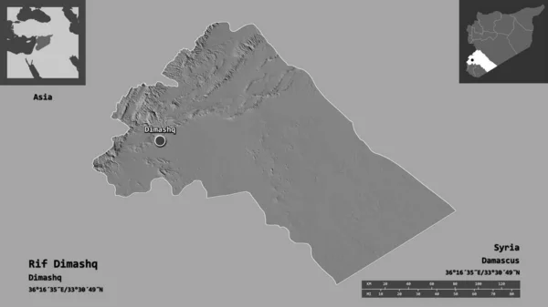 ディマシュク シリアの州とその首都の形 距離スケール プレビューおよびラベル 標高マップ 3Dレンダリング — ストック写真