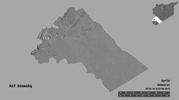 叙利亚省大马士革农村的形状 其首都在坚实的背景下与世隔绝 距离尺度 区域预览和标签 Bilevel高程图 3D渲染 — 图库照片