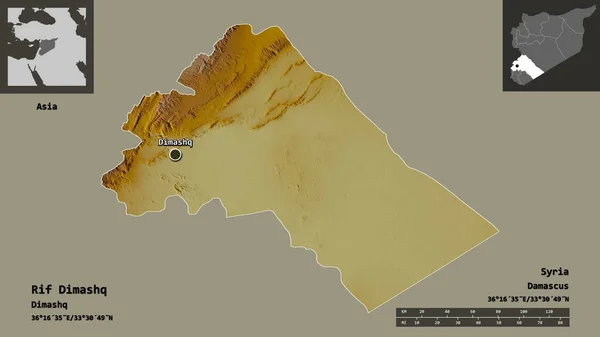 叙利亚省大马士革农村地区的形状及其首都 距离刻度 预览和标签 地形浮雕图 3D渲染 — 图库照片