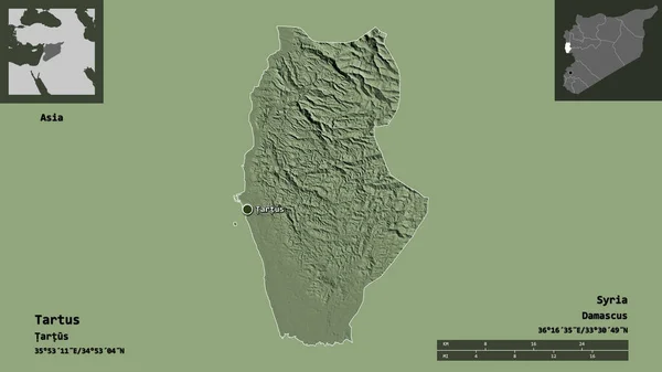 タルトスの形 シリアの州 そしてその首都 距離スケール プレビューおよびラベル 色の標高マップ 3Dレンダリング — ストック写真