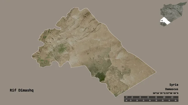 シリアの州であるRif Dimashqの形状は その首都をしっかりとした背景に隔離されています 距離スケール リージョンプレビュー およびラベル 衛星画像 3Dレンダリング — ストック写真