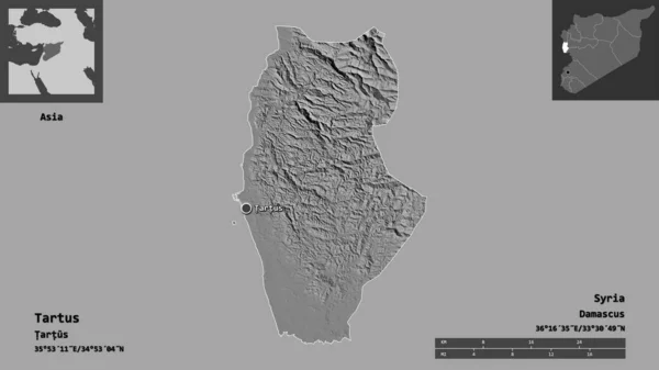 タルトスの形 シリアの州 そしてその首都 距離スケール プレビューおよびラベル 標高マップ 3Dレンダリング — ストック写真