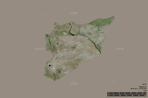 シリアの地域は 洗練された境界の箱の中の強固な背景に隔離されました 主な地域部門 距離スケール ラベル 衛星画像 3Dレンダリング — ストック写真