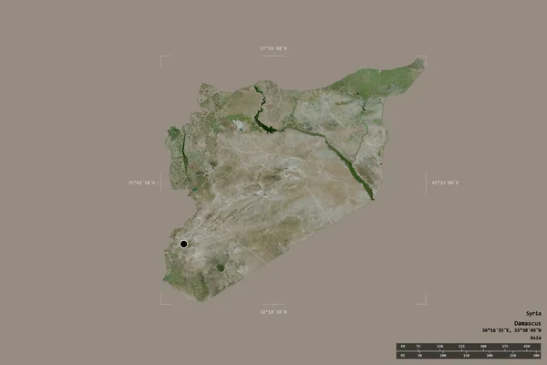 Area of Syria isolated on a solid background in a georeferenced bounding box. Main regional division, distance scale, labels. Satellite imagery. 3D rendering