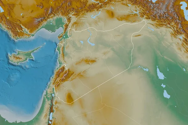 Розширена Територія Сирії Обрисами Країни Міжнародними Регіональними Кордонами Карта Рельєфу — стокове фото