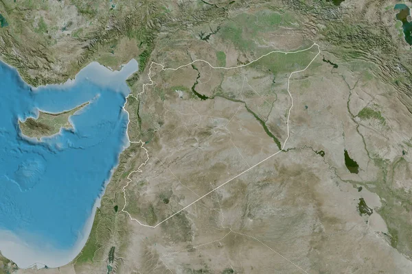Розширена Територія Сирії Обрисами Країни Міжнародними Регіональними Кордонами Супутникові Знімки — стокове фото