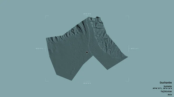 タジキスタンの領域であるドゥシャンベの領域は 洗練された境界ボックス内の強固な背景に隔離されています ラベル 色の標高マップ 3Dレンダリング — ストック写真