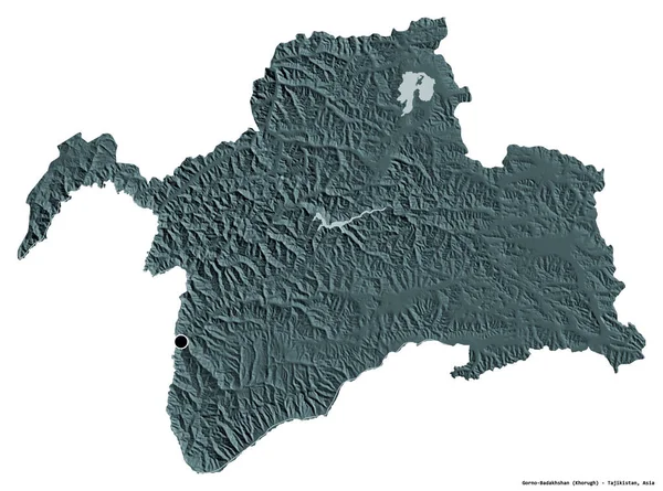 タジキスタンのゴルノ バダフシャン州の形で 首都は白い背景に孤立している 色の標高マップ 3Dレンダリング — ストック写真