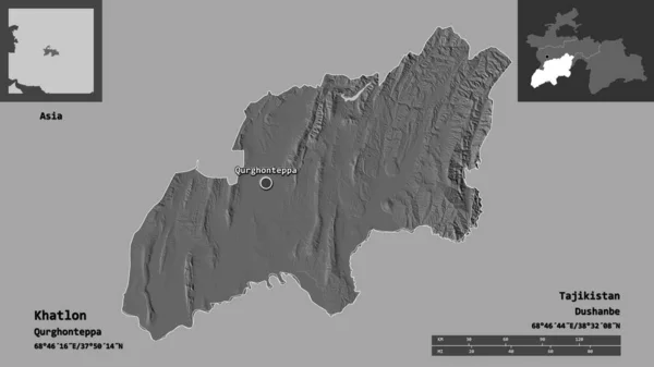 ハットロンの形 タジキスタンの地域 距離スケール プレビューおよびラベル 標高マップ 3Dレンダリング — ストック写真