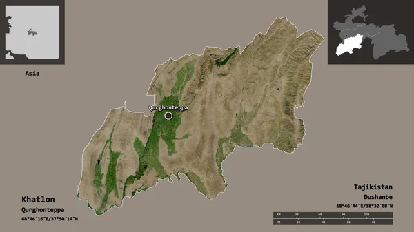 Formen Til Khatlon Regionen Tadsjikistan Hovedstaden Avstandsskala Forhåndsvisninger Etiketter Satellittbilder – stockfoto