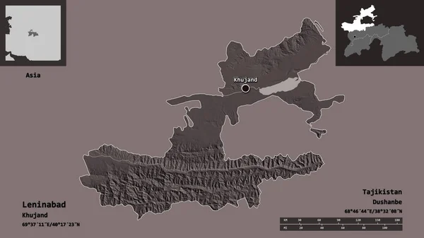 レニングラード タジキスタンの地域 首都の形状 距離スケール プレビューおよびラベル 色の標高マップ 3Dレンダリング — ストック写真