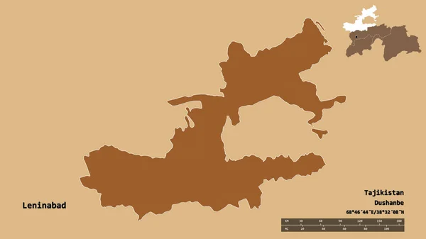 塔吉克斯坦列宁纳巴德地区的形状 其首都在坚实的背景下与世隔绝 距离尺度 区域预览和标签 图形纹理的组成 3D渲染 — 图库照片