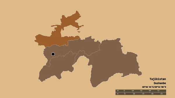 塔吉克斯坦以首都 主要区域分部和分离的列宁纳巴德地区为首都的绝望状态 图形纹理的组成 3D渲染 — 图库照片