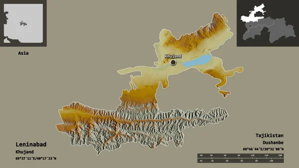 塔吉克斯坦区域列宁纳巴德的形状及其首都 距离刻度 预览和标签 地形浮雕图 3D渲染 — 图库照片