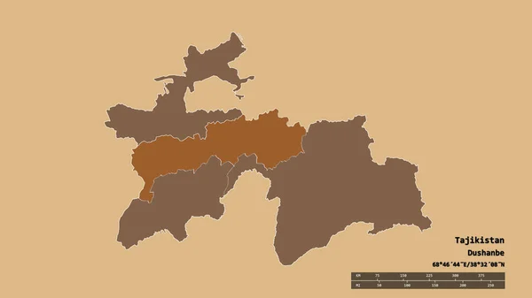 塔吉克斯坦以其首都 主要区域分部和分离的塔兹海亚领土地区为首都的绝望状态 图形纹理的组成 3D渲染 — 图库照片