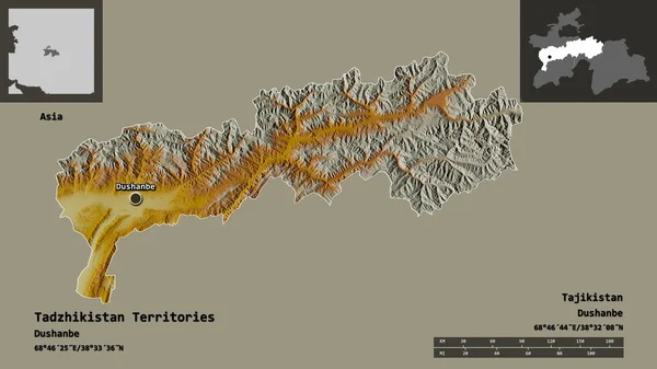 タジキスタン領域 タジキスタンの領域 首都の形状 距離スケール プレビューおよびラベル 地形図 3Dレンダリング — ストック写真