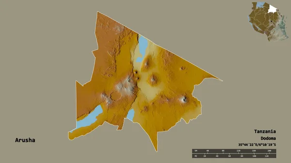 坦桑尼亚地区阿鲁沙的形状 其首都孤立在坚实的背景之下 距离尺度 区域预览和标签 地形浮雕图 3D渲染 — 图库照片