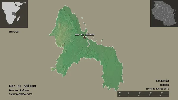 ダルエスサラーム タンザニアの地域 およびその首都の形状 距離スケール プレビューおよびラベル 地形図 3Dレンダリング — ストック写真