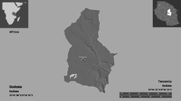 坦桑尼亚地区多多马的形状及其首都 距离刻度 预览和标签 Bilevel高程图 3D渲染 — 图库照片