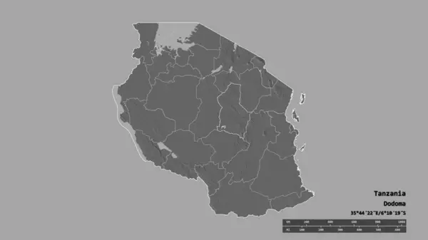 主要な地域部門と分離ドーマ地域とタンザニアの荒廃した形 ラベル 標高マップ 3Dレンダリング — ストック写真