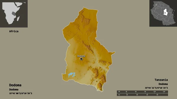 坦桑尼亚地区多多马的形状及其首都 距离刻度 预览和标签 地形浮雕图 3D渲染 — 图库照片
