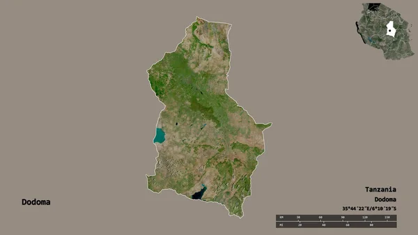 タンザニアのドドマの形で その首都はしっかりとした背景に隔離されています 距離スケール リージョンプレビュー およびラベル 衛星画像 3Dレンダリング — ストック写真