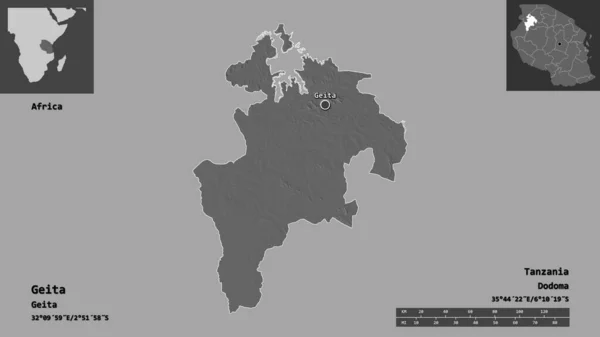 Geitaの形状 タンザニアの地域 およびその首都 距離スケール プレビューおよびラベル 標高マップ 3Dレンダリング — ストック写真