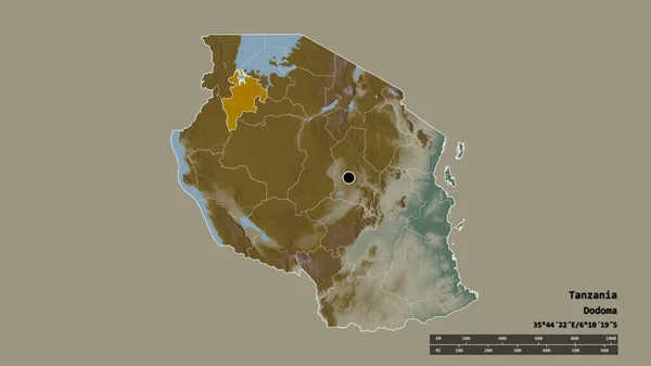 主要な地域部門と分離されたGeita地域とタンザニアの荒廃した形 ラベル 地形図 3Dレンダリング — ストック写真