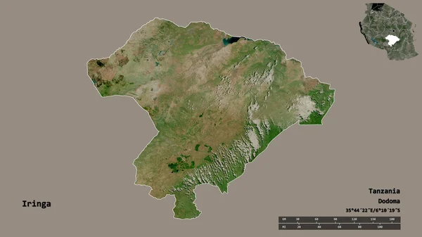坦桑尼亚地区的Iringa形状 其首都在坚实的背景下与世隔绝 距离尺度 区域预览和标签 卫星图像 3D渲染 — 图库照片