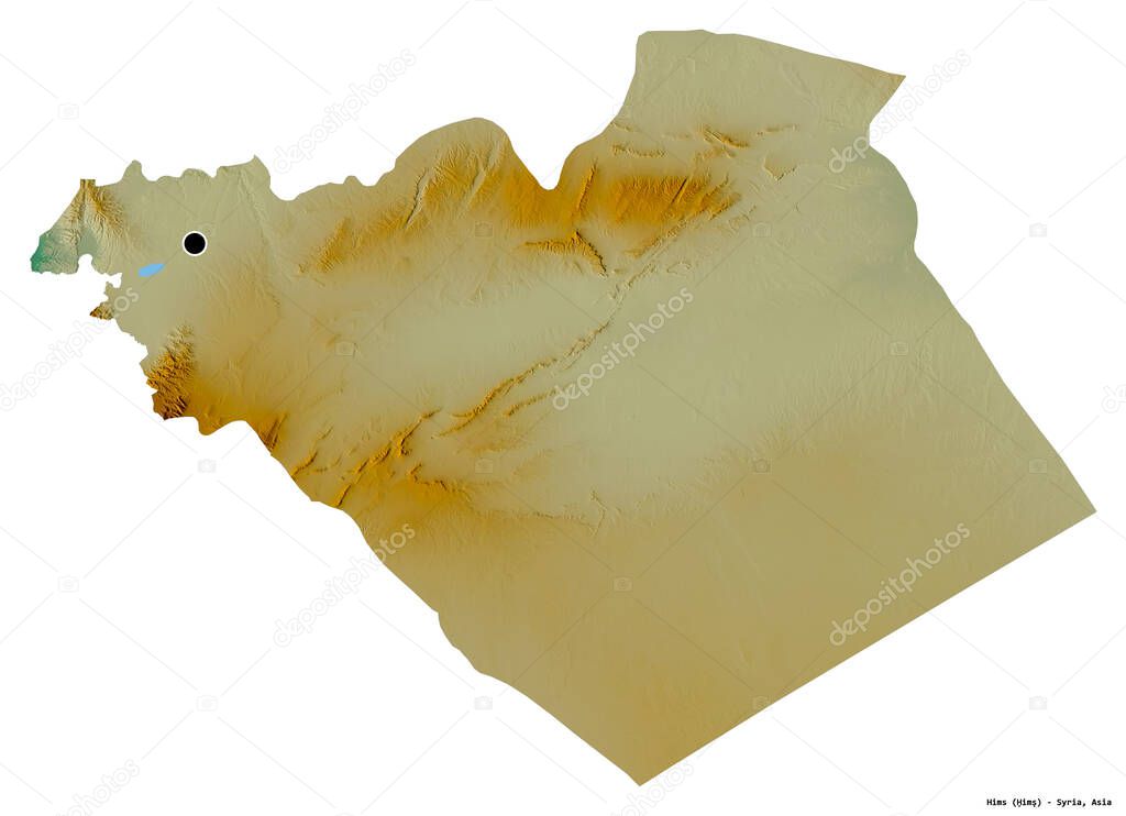 Shape of Hims, province of Syria, with its capital isolated on white background. Topographic relief map. 3D rendering