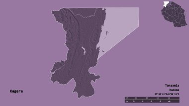 Kagera 'nın şekli, Tanzanya bölgesi, başkenti sağlam bir zemin üzerinde izole edilmiş. Uzaklık ölçeği, bölge önizlemesi ve etiketleri. Renkli yükseklik haritası. 3B görüntüleme