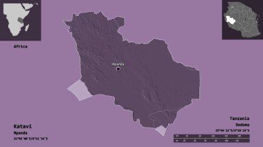 Katavi 'nin şekli, Tanzanya bölgesi ve başkenti. Uzaklık ölçeği, ön gösterimler ve etiketler. Renkli yükseklik haritası. 3B görüntüleme