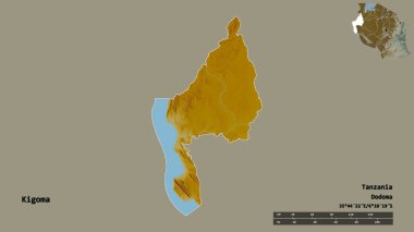 Tanzanya 'nın Kigoma bölgesi, başkenti katı bir zemin üzerinde izole edilmiştir. Uzaklık ölçeği, bölge önizlemesi ve etiketleri. Topografik yardım haritası. 3B görüntüleme