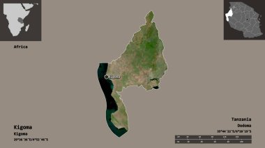 Kigoma 'nın şekli, Tanzanya bölgesi ve başkenti. Uzaklık ölçeği, ön gösterimler ve etiketler. Uydu görüntüleri. 3B görüntüleme