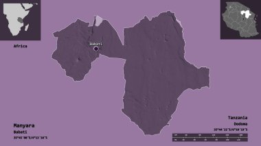 Manyara 'nın şekli, Tanzanya bölgesi ve başkenti. Uzaklık ölçeği, ön gösterimler ve etiketler. Renkli yükseklik haritası. 3B görüntüleme